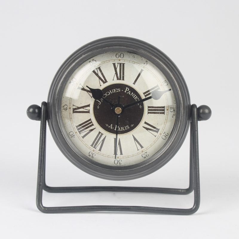 Metal Grey Mantel Clock on Stand Numeral Rustic Shabby Chic Tabletop Time Piece