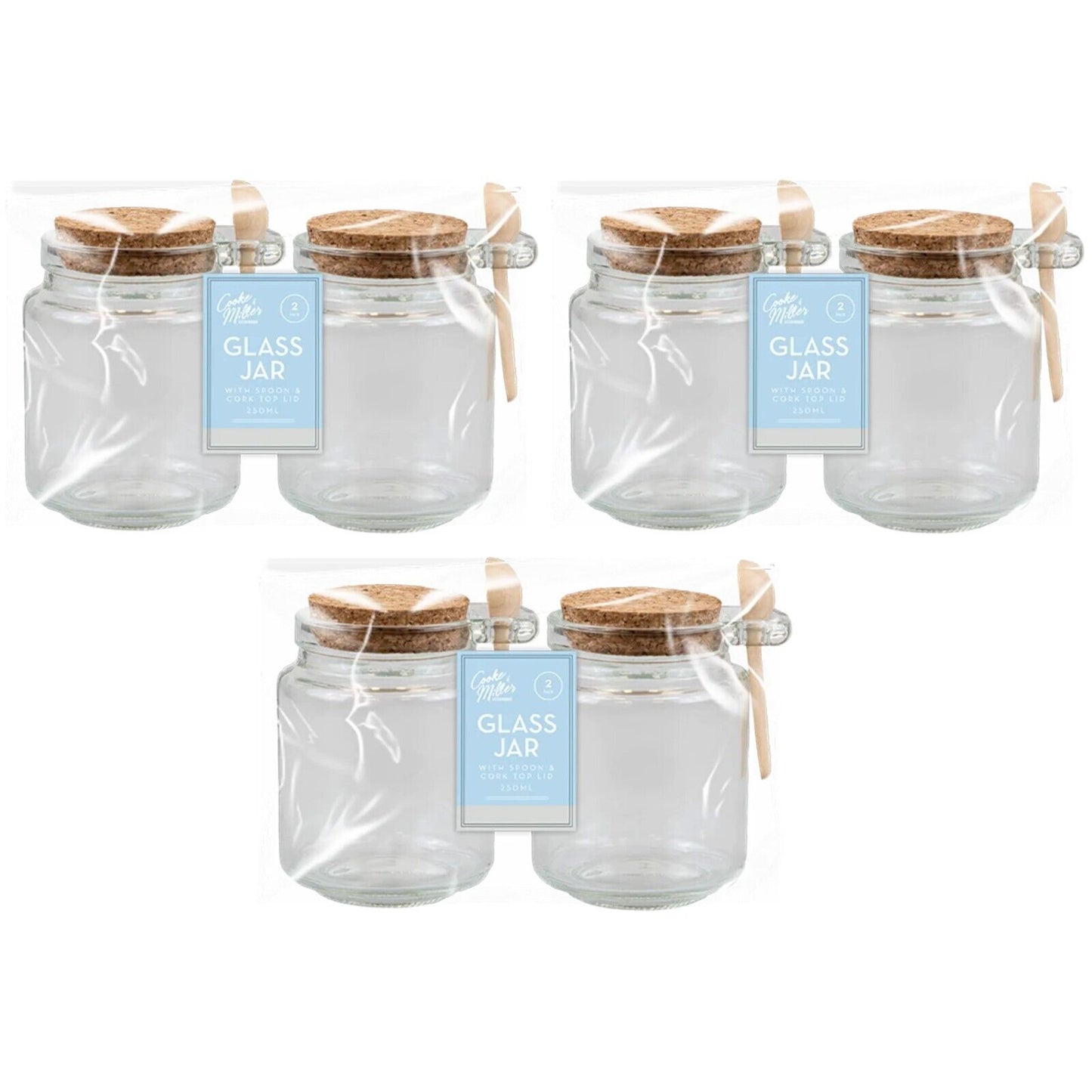 6Pc Glass Jars Airtight Cork Top, Wooden Spoon 250ML Storage Herb Spices Kitchen
