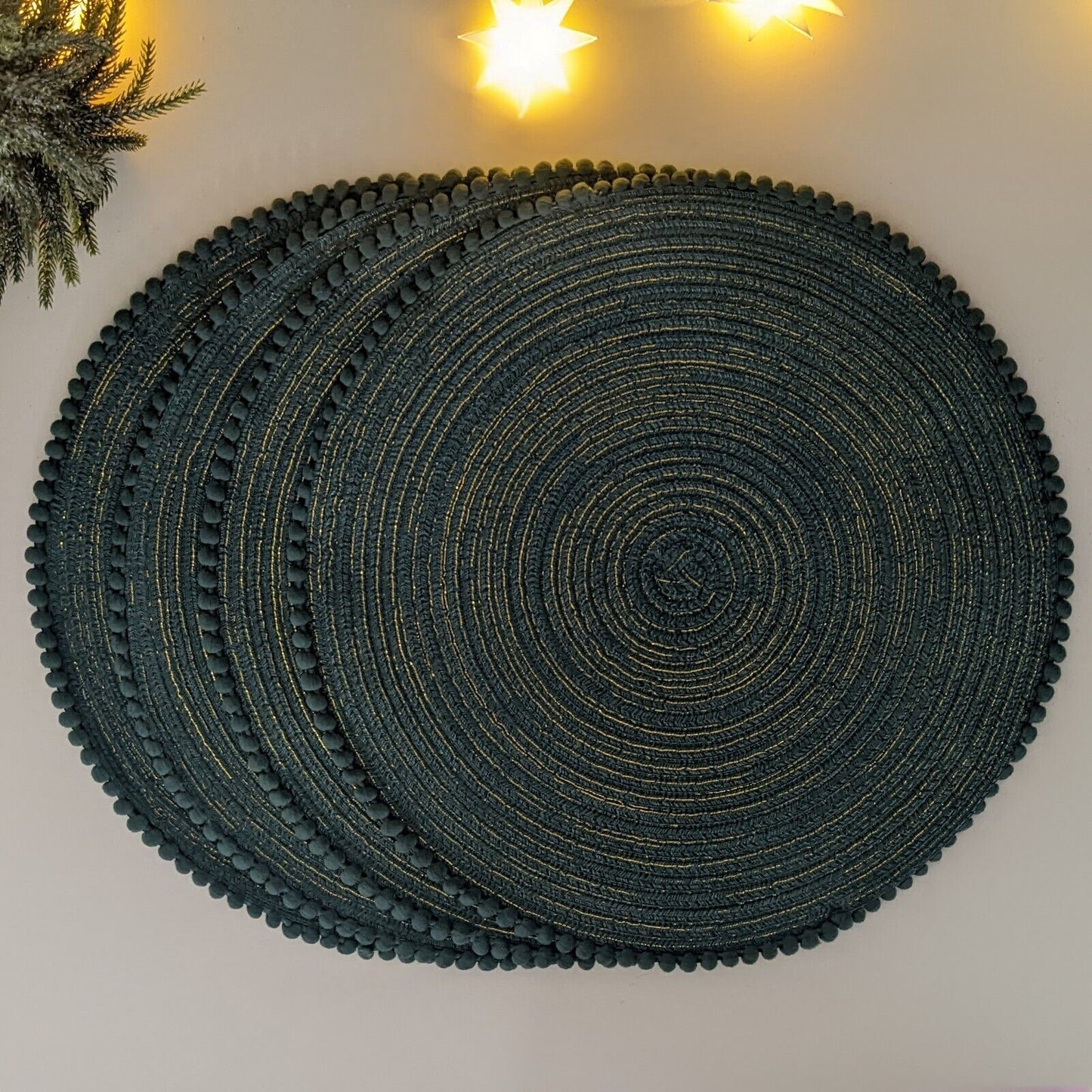 4 Round Christmas Table Dinner Dinning Placemats Round Green Gold PomPom Design