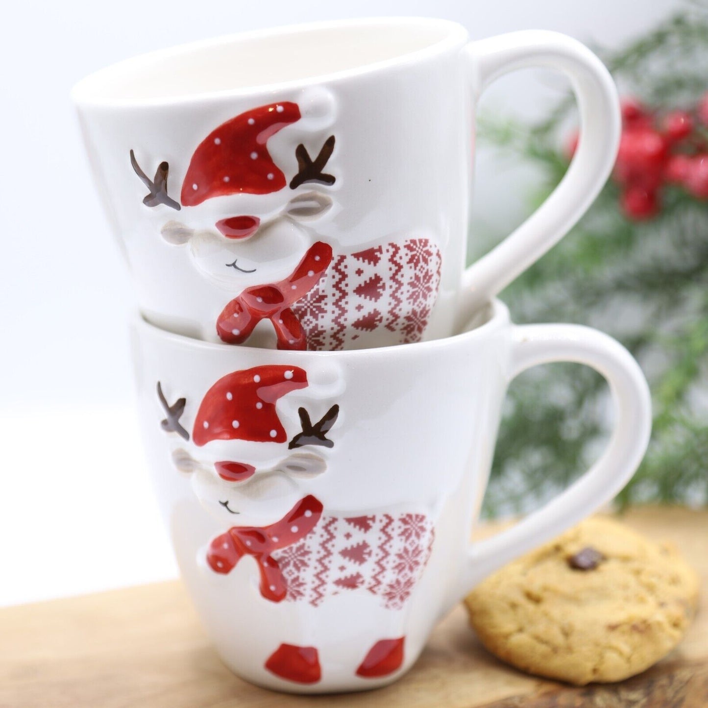 2Pc Red & White Reindeer Mug 300ml Coffee Tea Cup Christmas Table Novelty Gift