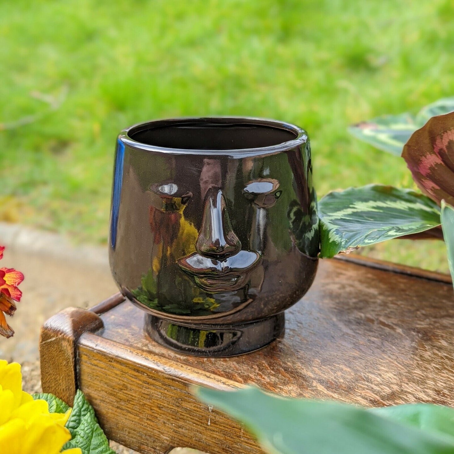 Ceramic Nordic Face 14cm Black Planter Pot Cover Indoor Round Modern Décor