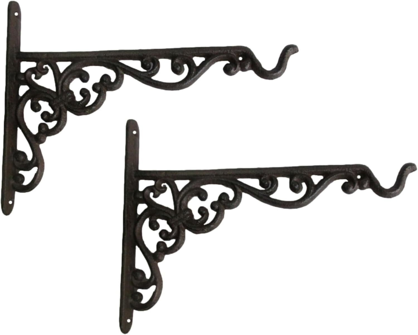 Set of 2 Cast Iron Brown Ornate Wall Mounted Basket Brackets Bird Feeder & Bath