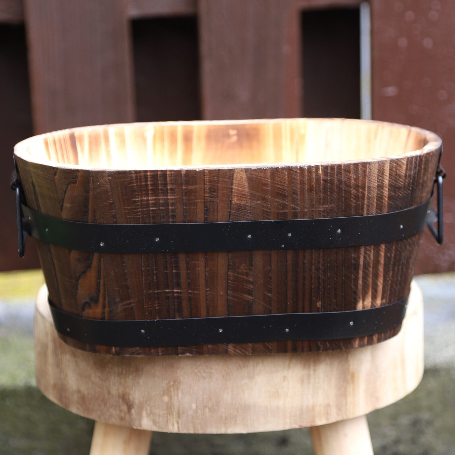 2Pc Oval Wooden Container Planter 30cm, Metal Handles Band Outdoor Garden Pot