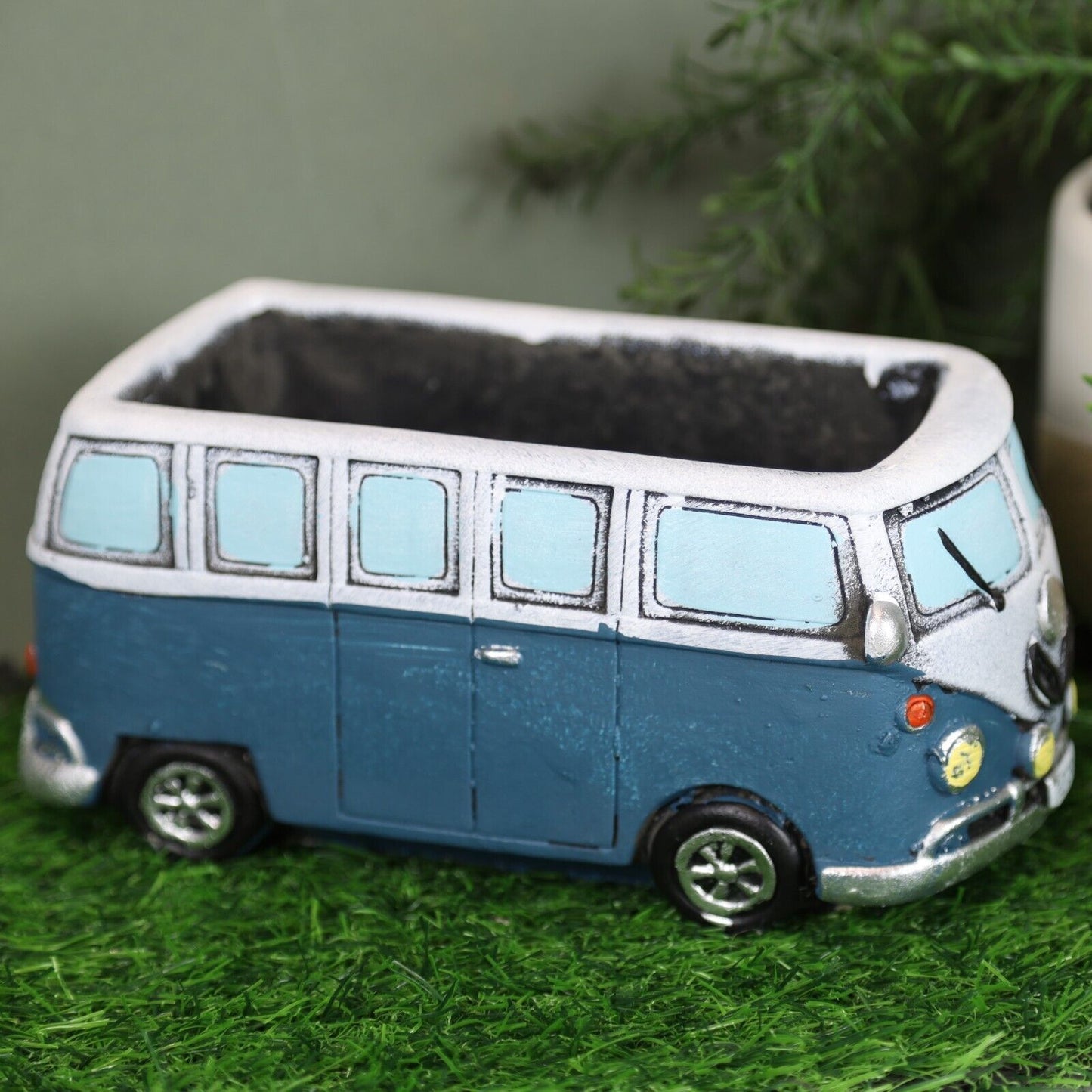 12cm Blue Campervan Planter Garden Plant Herb Flower Retro Pot Cement Trough