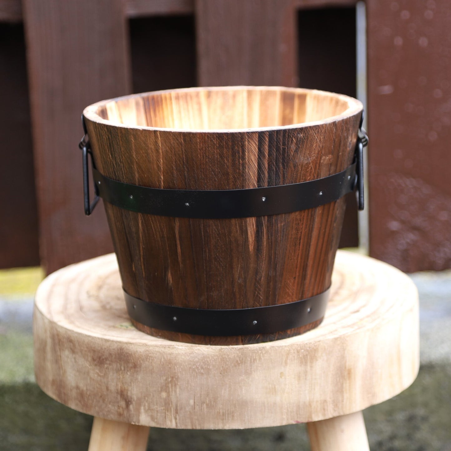 2Pc Round Wooden Barrel Planter 20cm with Metal Handles Band Garden Outdoor Tub