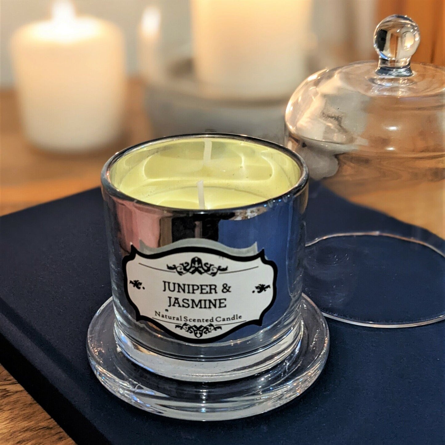 Scented Glass Candle Juniper & Jasmine Natural Candle With Bell Cloche Lid