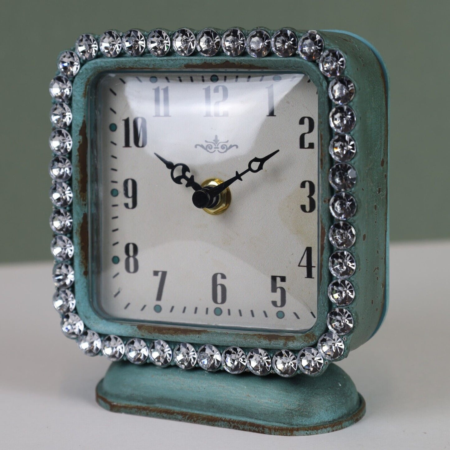 Green Verdigris Table Mantle Clock Feminine Women Gift Home Table Decor Diamante