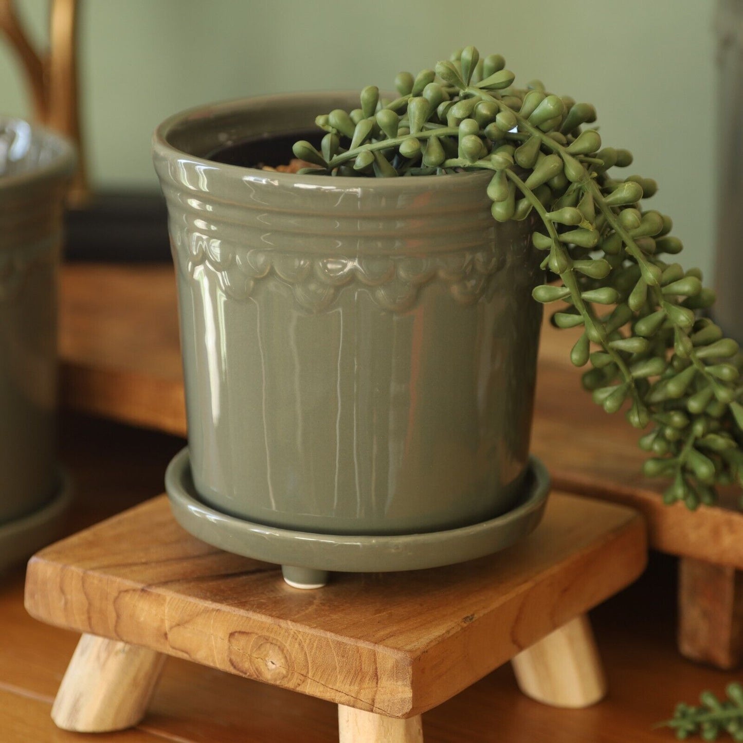 Ceramic Sage Green Plant Pot Raised Saucer Scalloped Edge Glazed Planter Outdoor