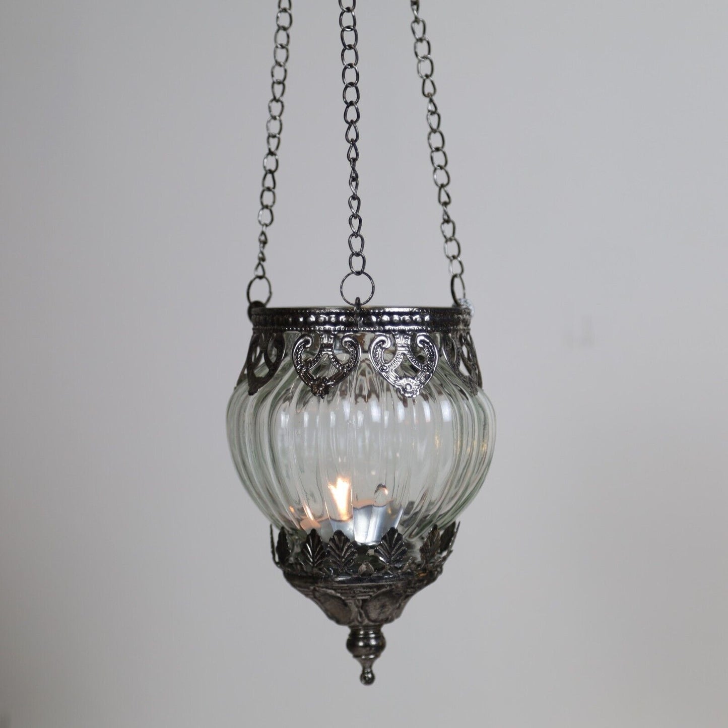 Glass Hanging Ribbed Tea Light Candle Holder Moroccan Home Decor Metal Lantern