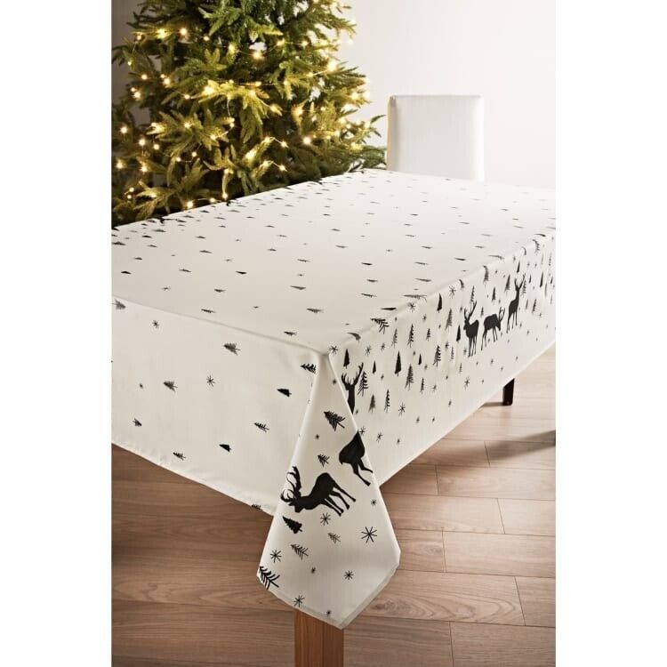 Luxury Christmas Jacquard Winter Stag Table Cloth Cover Protector 230cm White