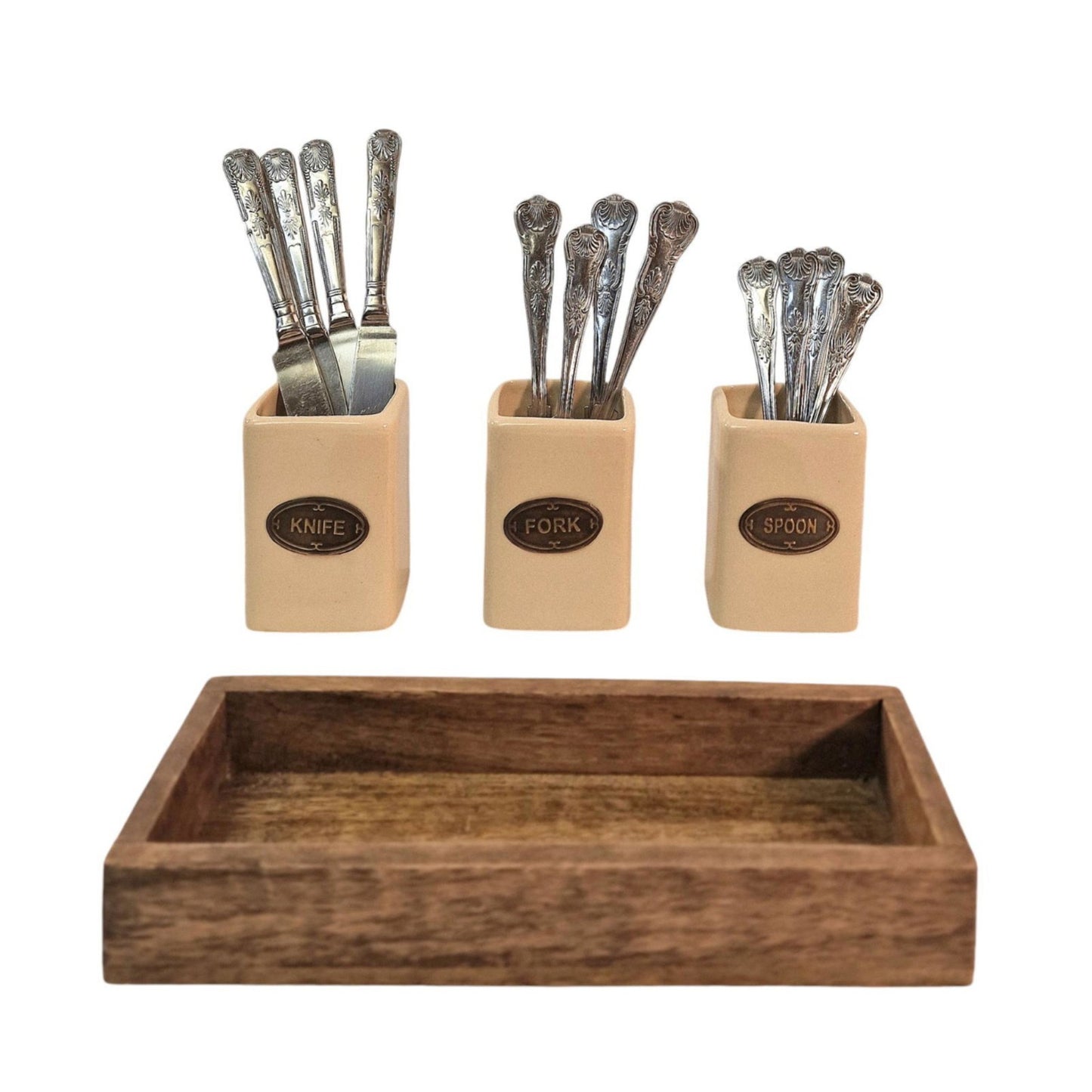 Knife, Fork & Spoon Ceramic Holder Storage Set with Mango Wooden Tray Organizer