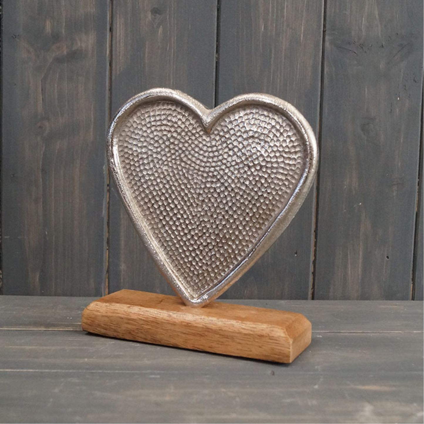 17cm Aluminium Hammered Heart on Wooden Plinth Home Decor Ornament Figurine