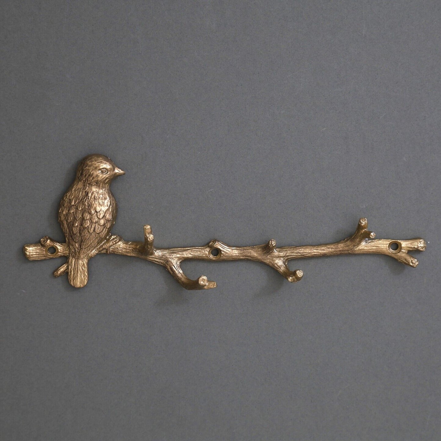 Gold Metal Wall Bird on Branch 6 Hooks Coat Key Hanger Rack Wall Mounted