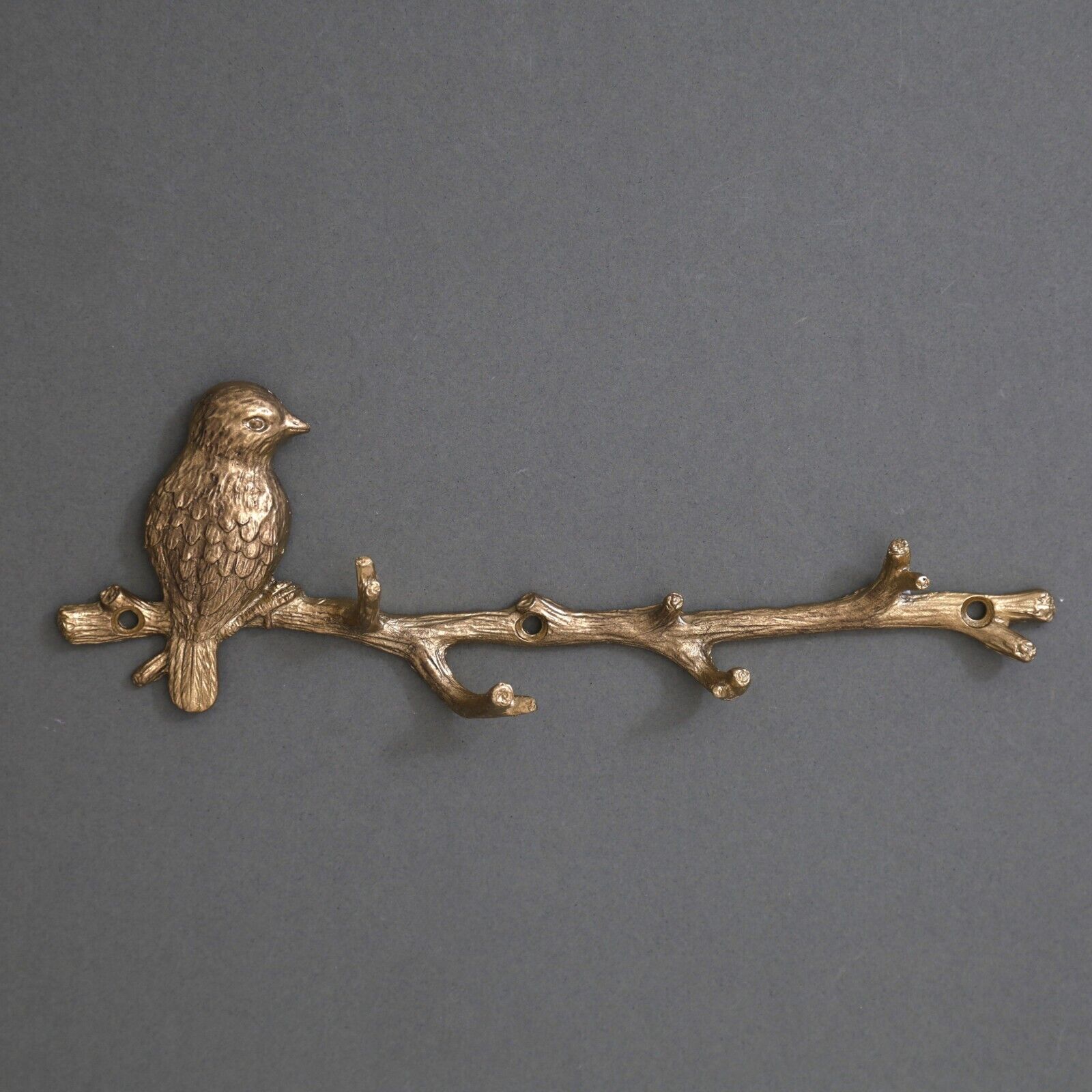 Gold Metal Wall Bird on Branch 6 Hooks Coat Key Hanger Rack Wall Mounted