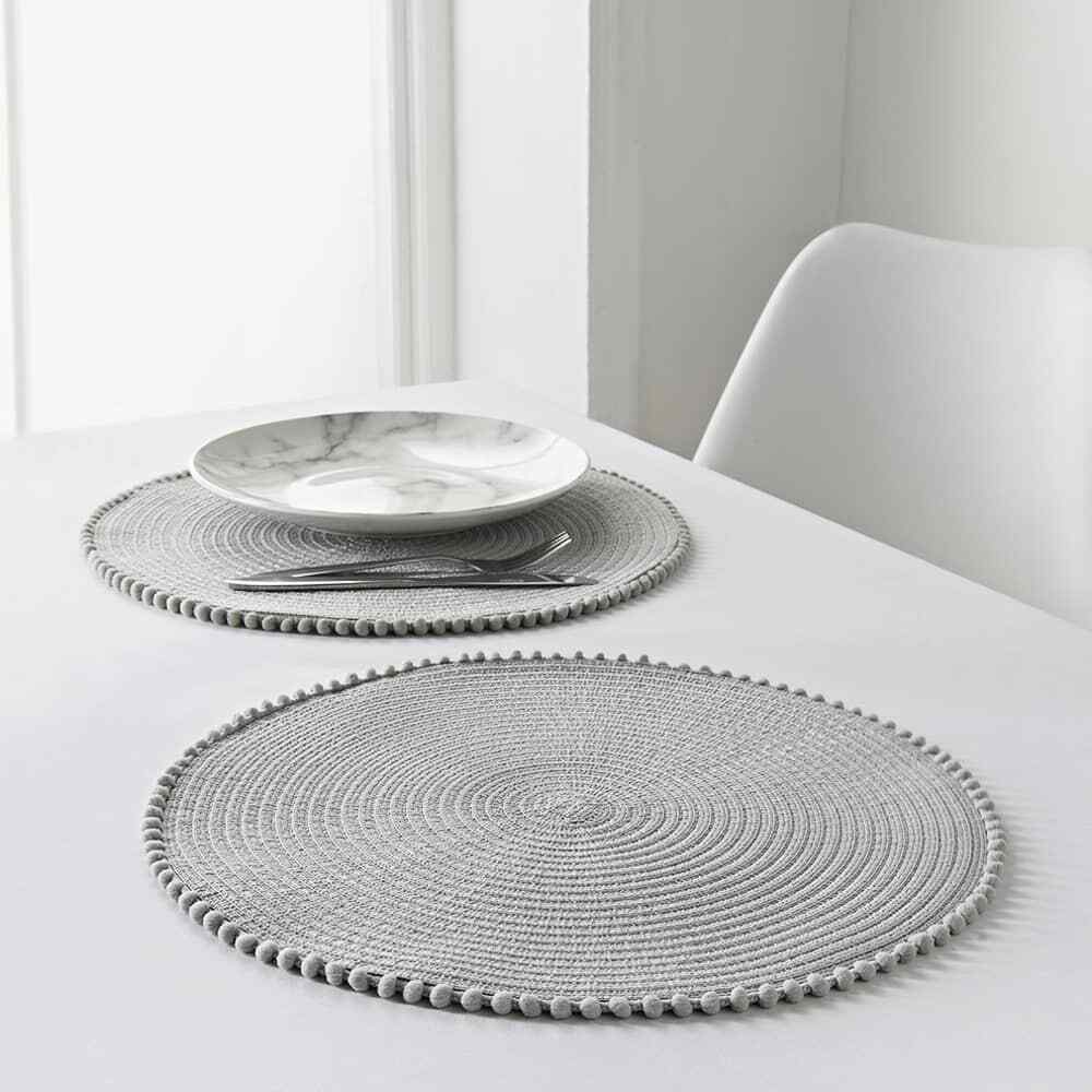 Table Placemats Round Pom Pom Pink Grey Ochre Yellow Set of 6 / 12 Place Mats