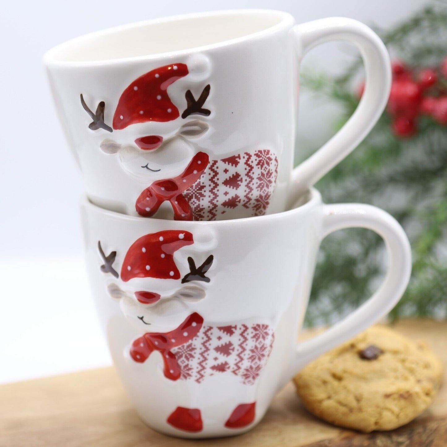2Pc Red & White Reindeer Mug 300ml Coffee Tea Cup Christmas Table Novelty Gift