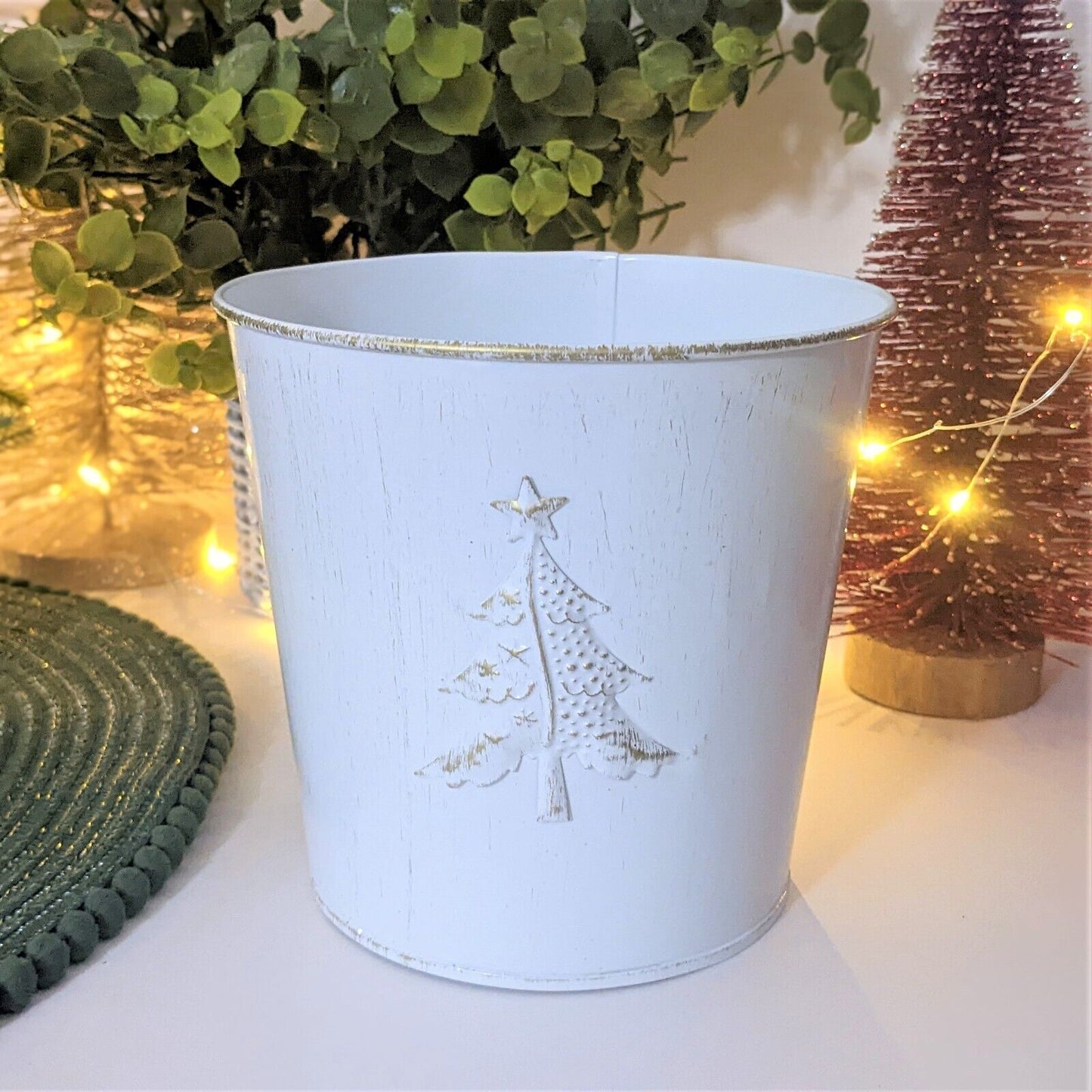 15cm Metal Christmas Tree Embossed Plant Pot Tin Pail Planter Gold White Decor