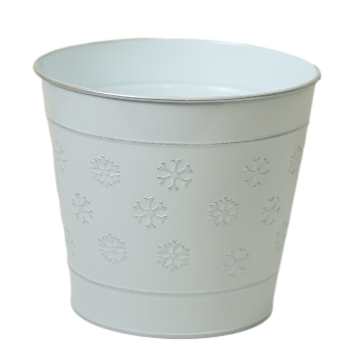 White Metal Plant Pot 18cm Snowflake Embossed Winter Christmas Festive Xmas Pot