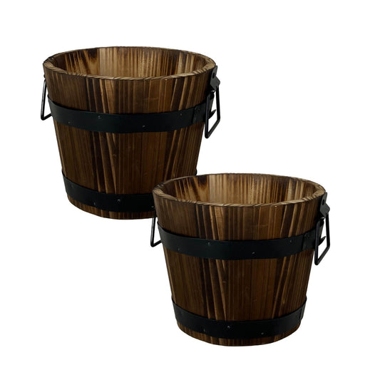 2Pc Round Wooden Barrel Planter 20cm with Metal Handles Band Garden Outdoor Tub
