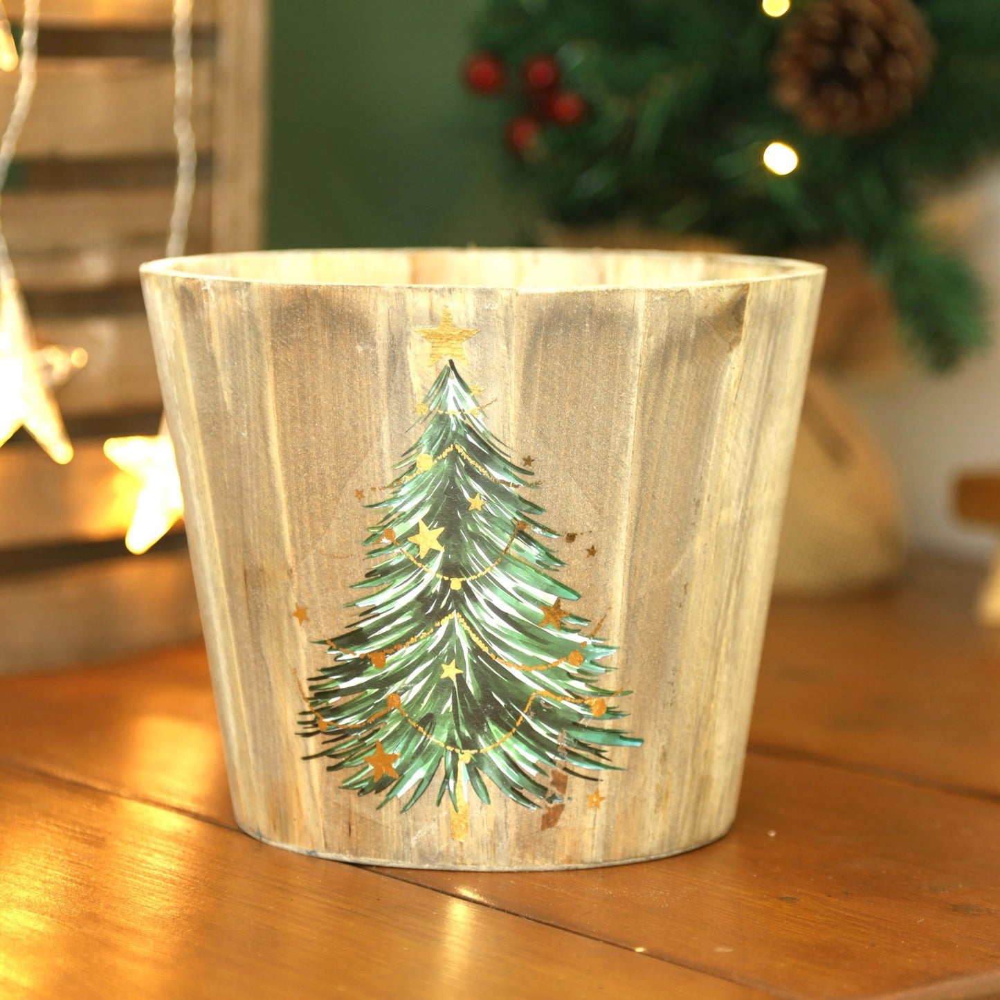 Wooden Planter 19.5cm Christmas Tree Theme Xmas Decorative Indoor Plant Pot Gift