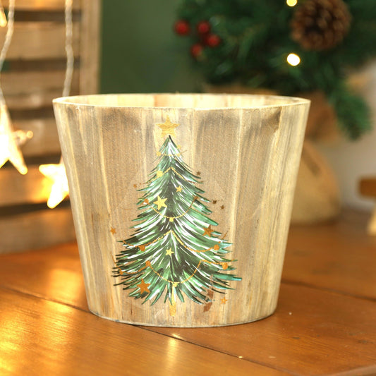 Wooden Planter 19.5cm Christmas Tree Theme Xmas Decorative Indoor Plant Pot Gift