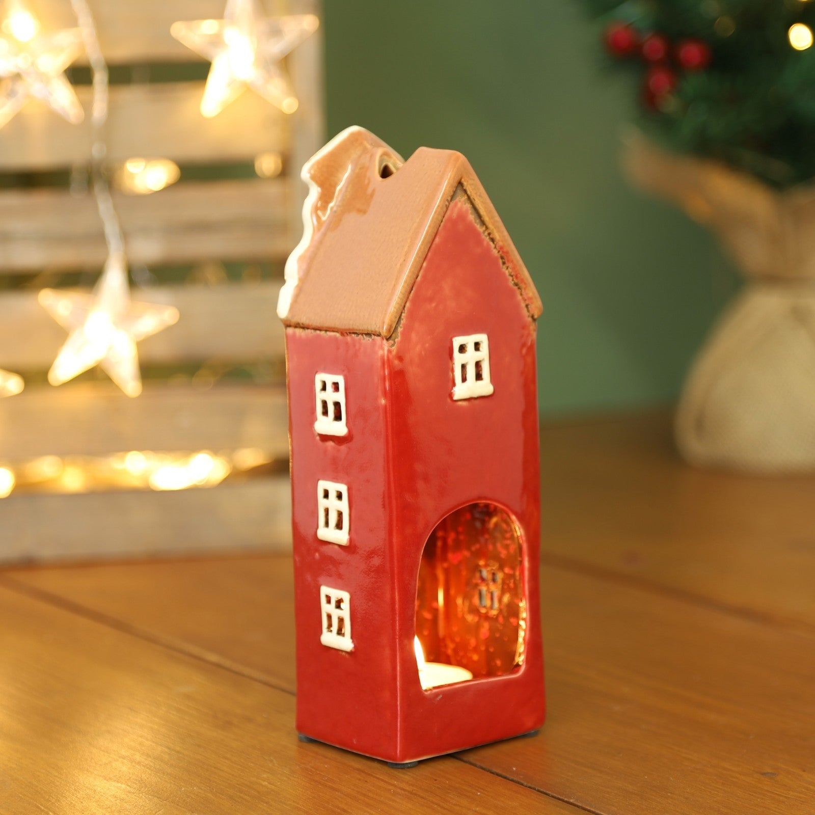 Ceramic Christmas Tealight Holder Cottage Village Scene Townhouse Xmas Ornament