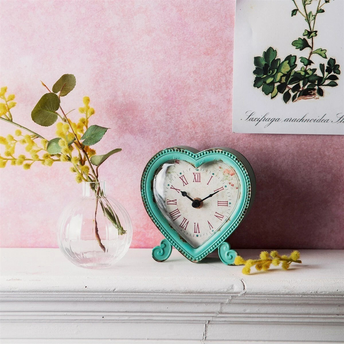 Turquoise Heart Mantel Clock Boudoir Vintage Analogue Roman Numeral Shabby Chic