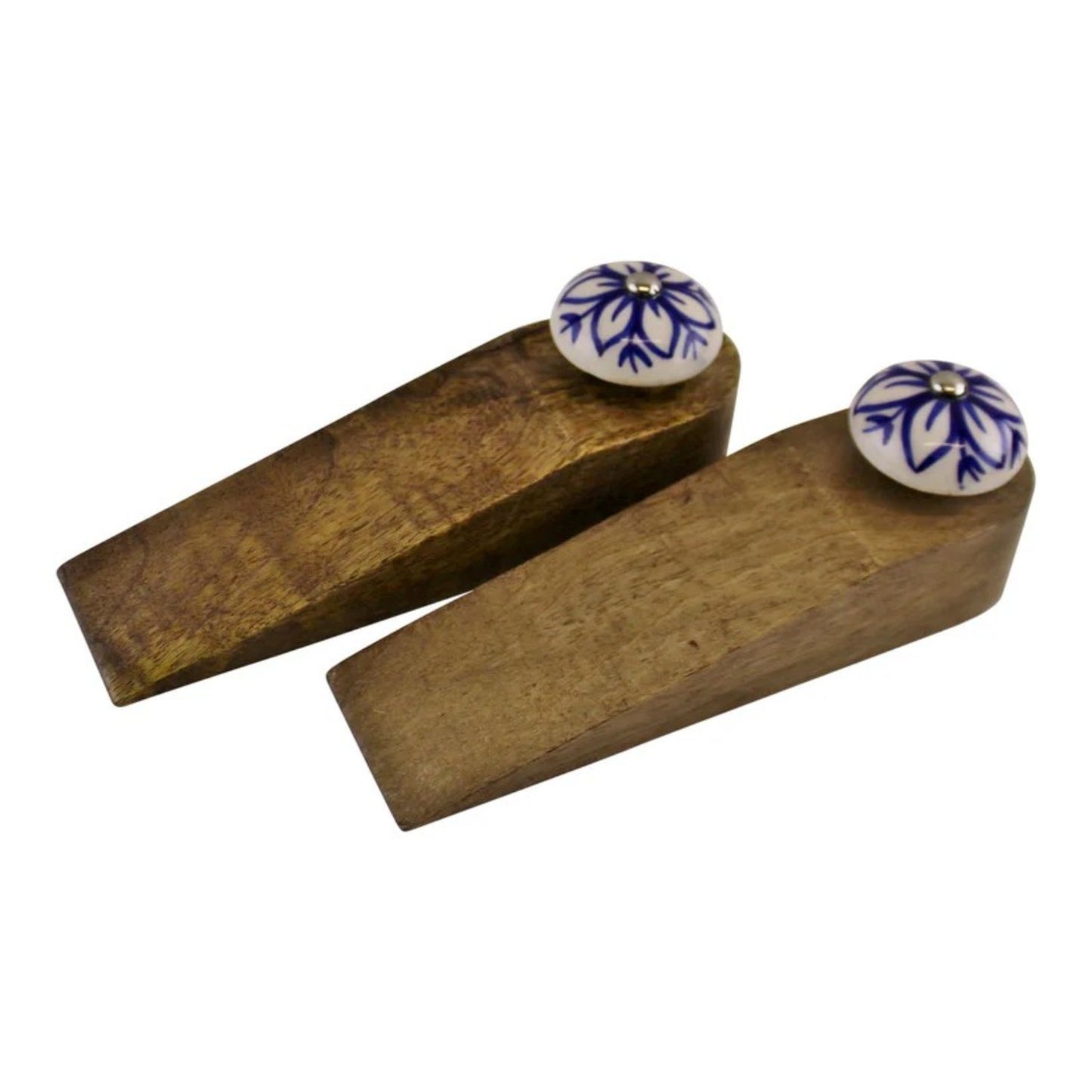 Pair of Mango Wooden Door Wedges With Ceramic Knobs Door Stopper Shabby Chic