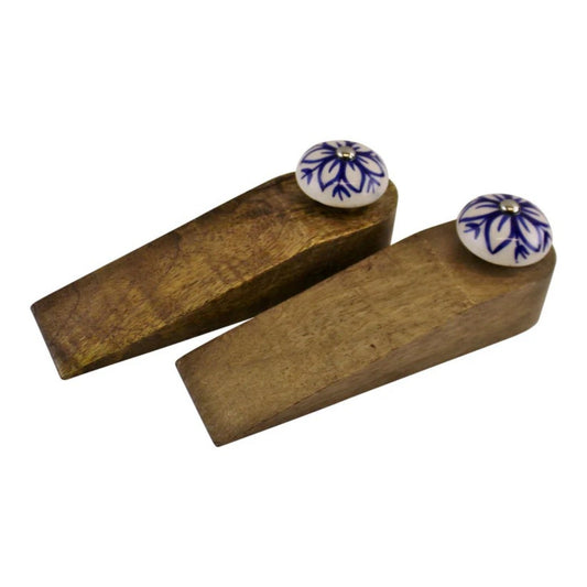 Pair of Mango Wooden Door Wedges With Ceramic Knobs Door Stopper Shabby Chic