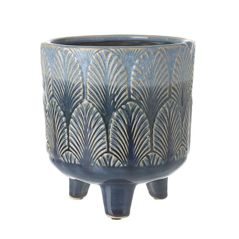 Blue Ceramic Leaf Geometric Plant Pot With Legs Tripod Planter Reactive Glazed