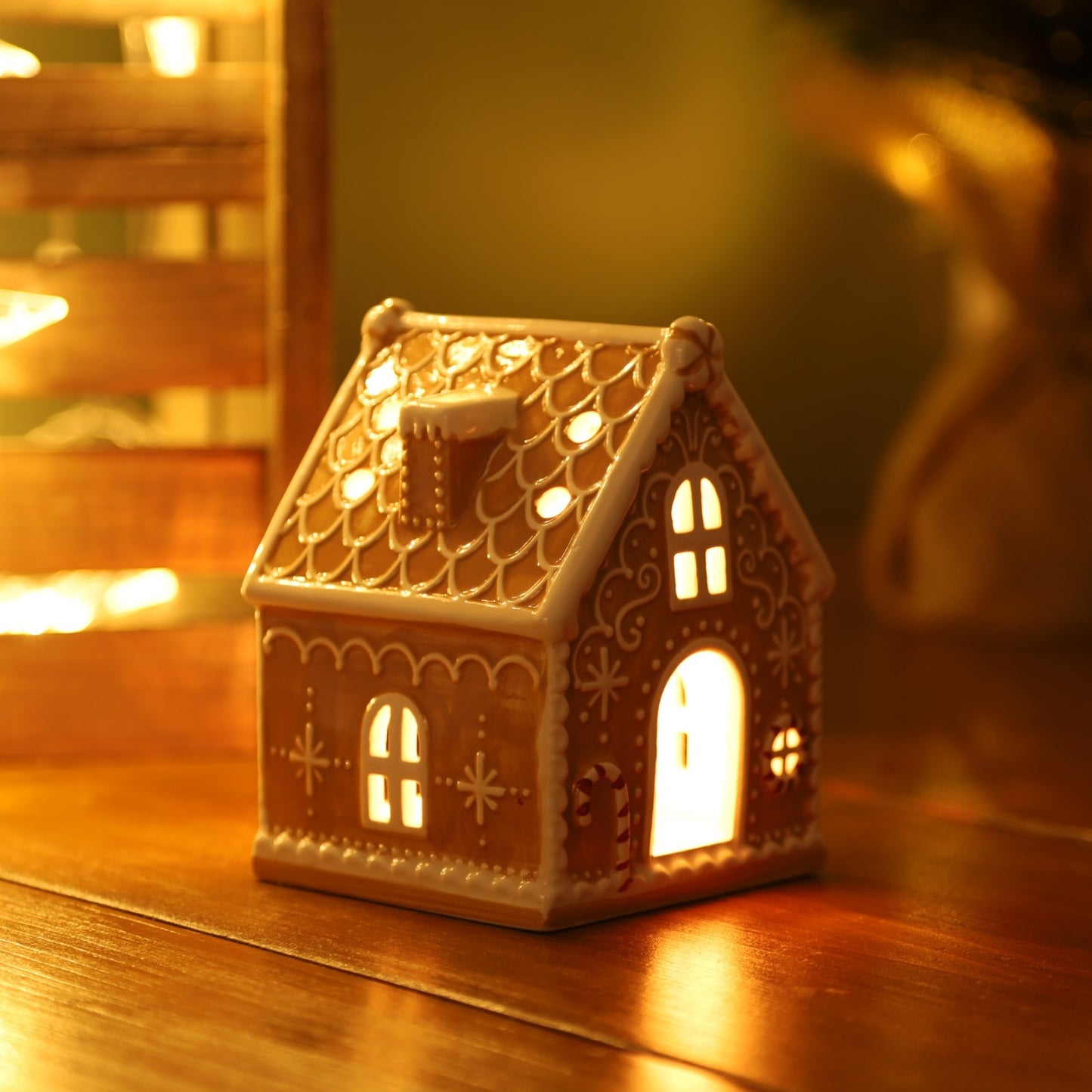 Gingerbread Brown House Ceramic Tealight Candle Holder Christmas Xmas Ornament
