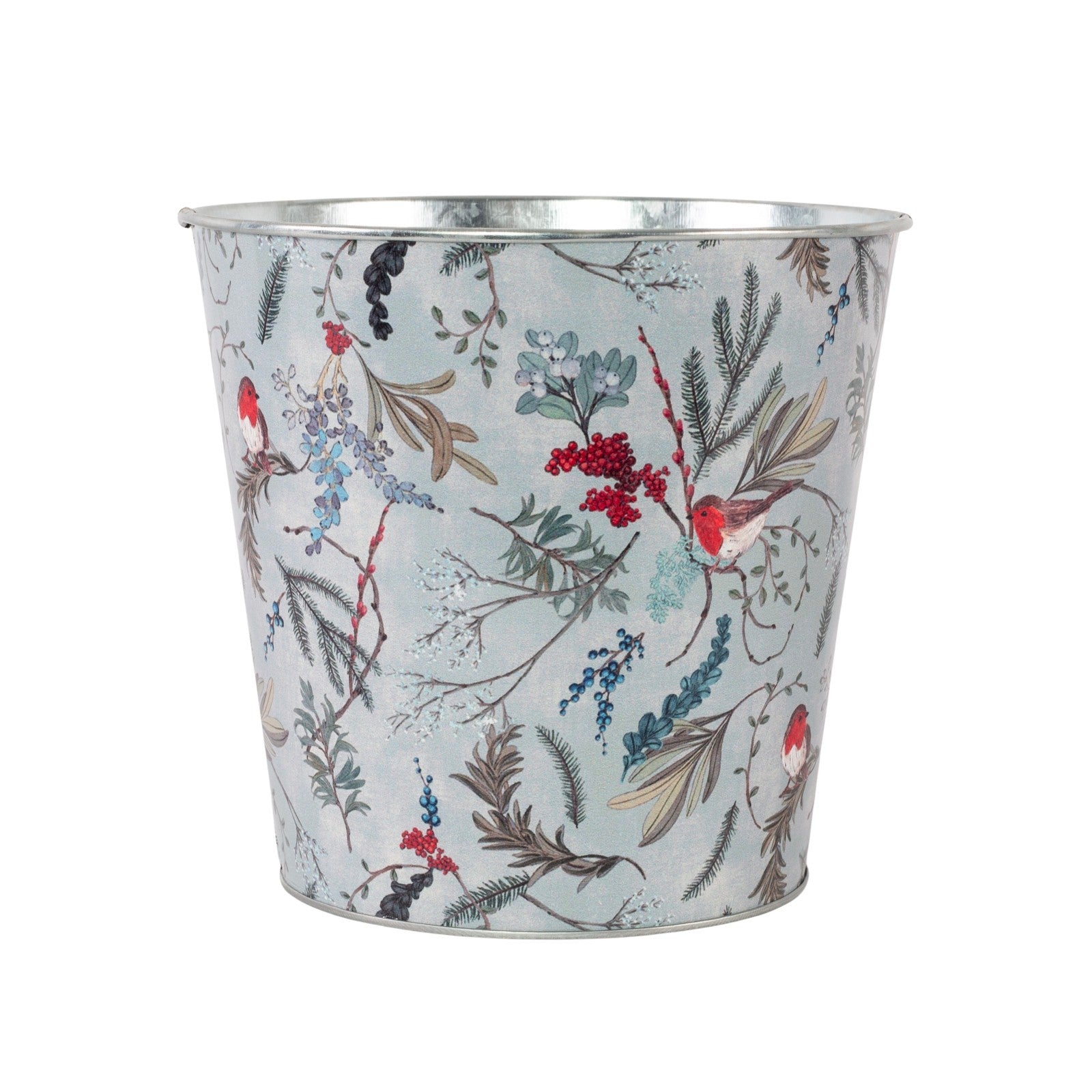 Tin Pail Robin Floral Plant Pot 14cm Christmas Metal Planter Xmas Bucket Home