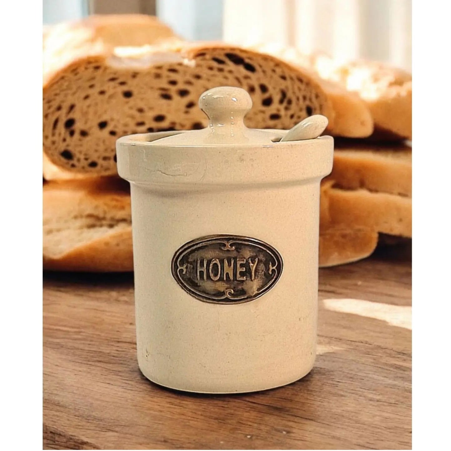 Ceramic Cream Honey Pot Jar with Lid & Spoon Vintage Rustic Storage Jar Set