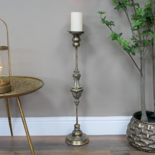 Gold Metal Tall Candle Holder Antique 68cm High Vintage Floor Stand Brass Effect