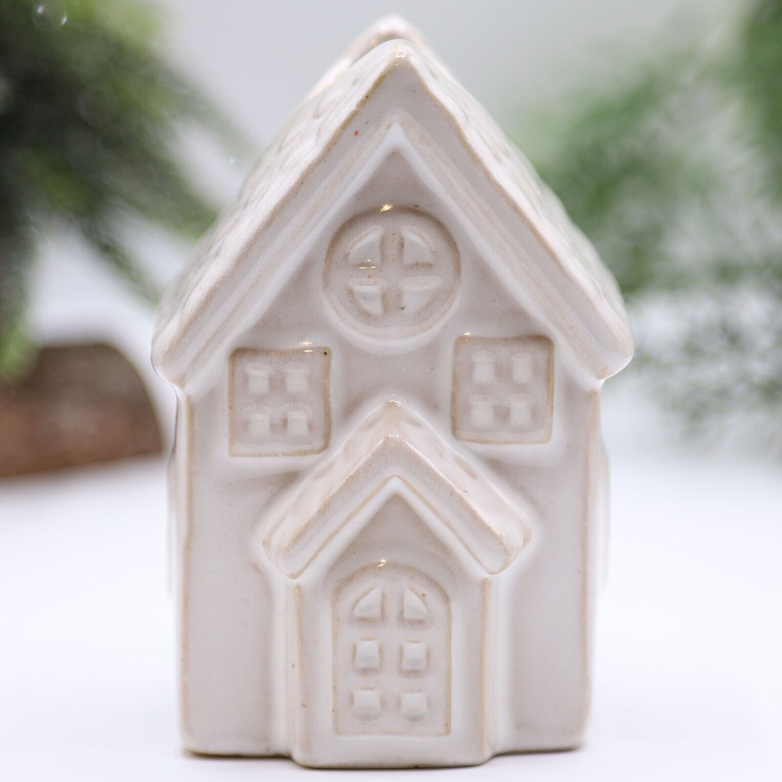 Beige Ceramic Candle Holder Country House Village Scene 9.5cm Ornament Decor