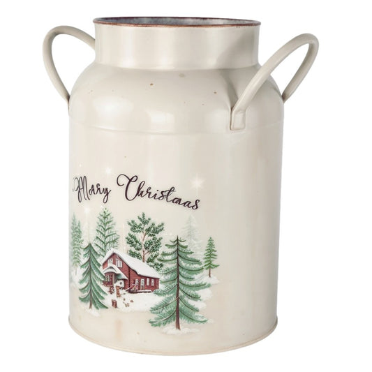 Metal Vase Jug Handles 21cm Festive Winter Tin Churn Merry Christmas Snow Scene