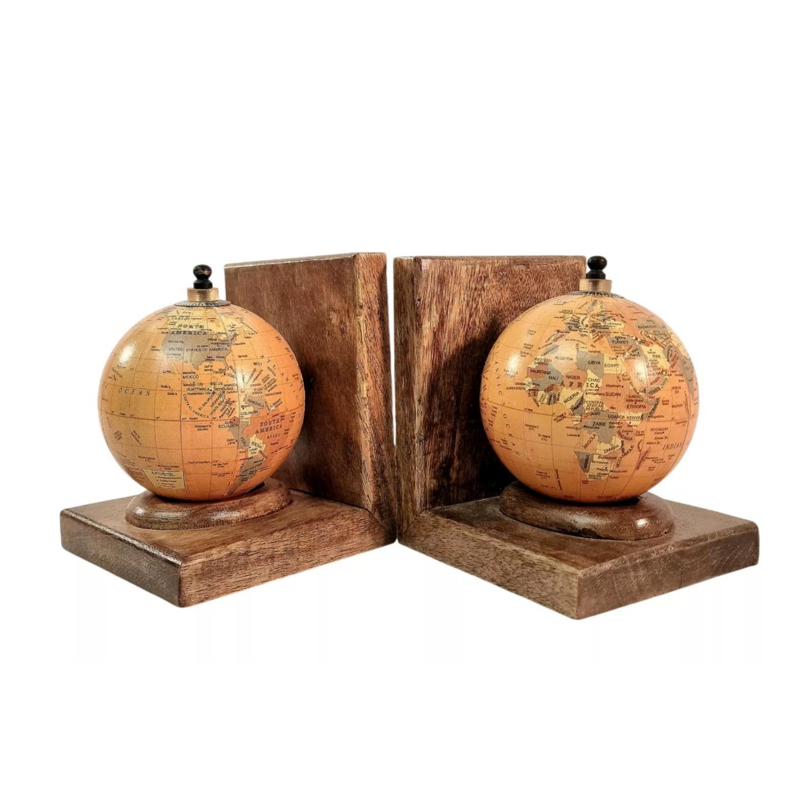 Mango Wooden Pair of World Globe Bookends Set Home Office Shelfsitter Stationery