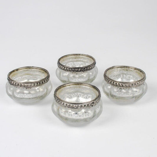 4Pc Silver T-Light Ribbed Metal Rim Vintage Glass Tealight Candle Holder Wedding