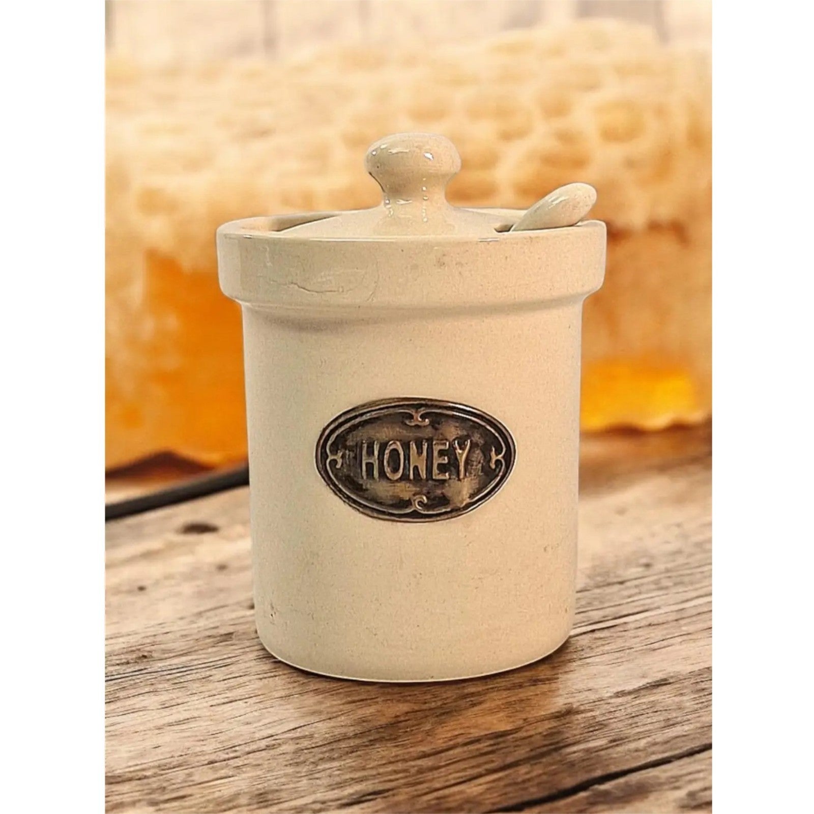 Ceramic Cream Honey Pot Jar with Lid & Spoon Vintage Rustic Storage Jar Set