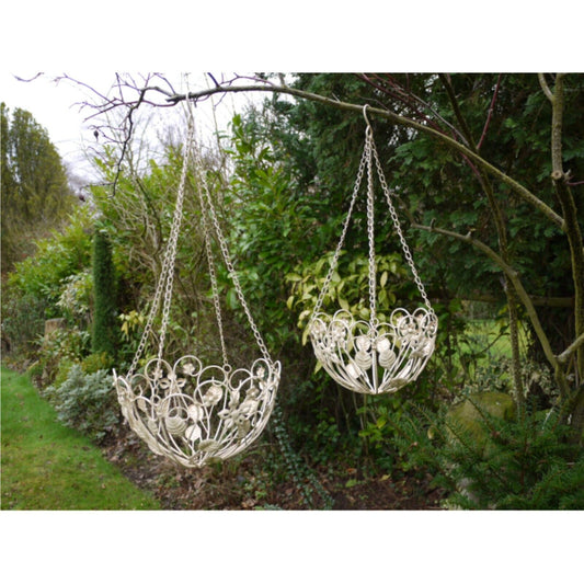 2Pc Cream Hanging Baskets Metal Ornate Planter Vintage Rustic Style Shabby Chic