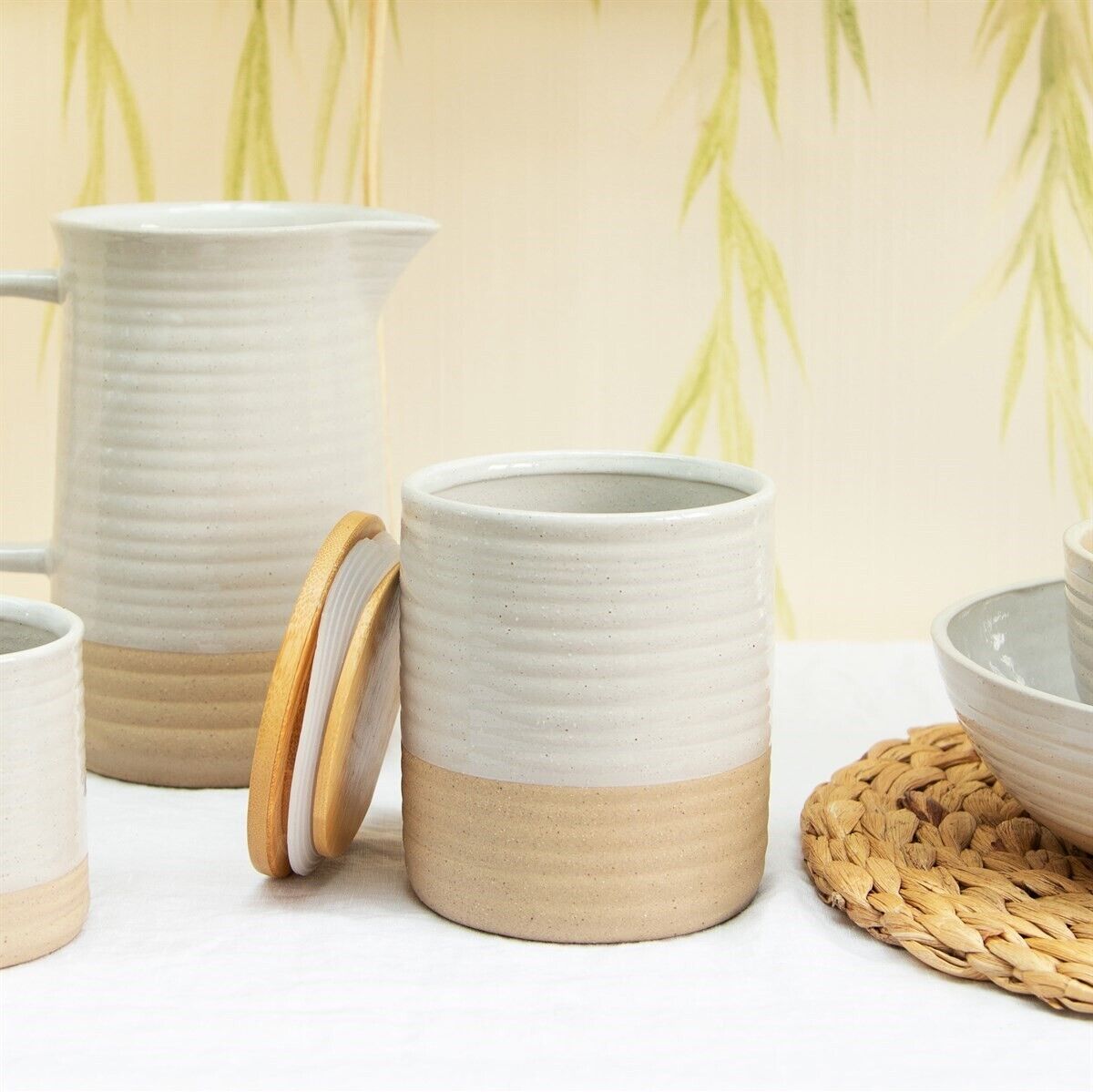 Set Of 3 White Tea Coffee Sugar Ceramic Canister Glazed Patterned Storage Jars