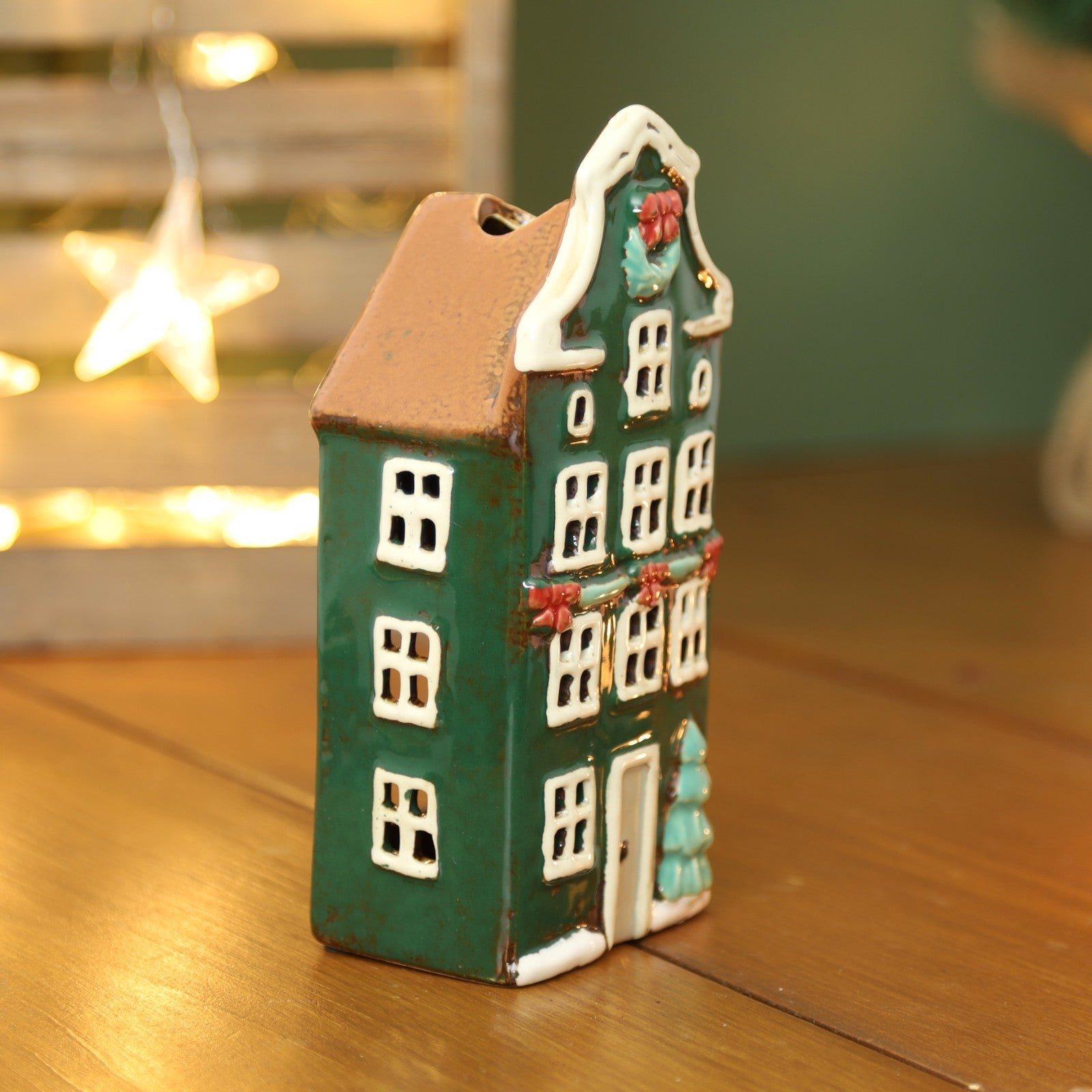 Ceramic Christmas Tealight Holder Cottage Village Scene Townhouse Xmas Ornament
