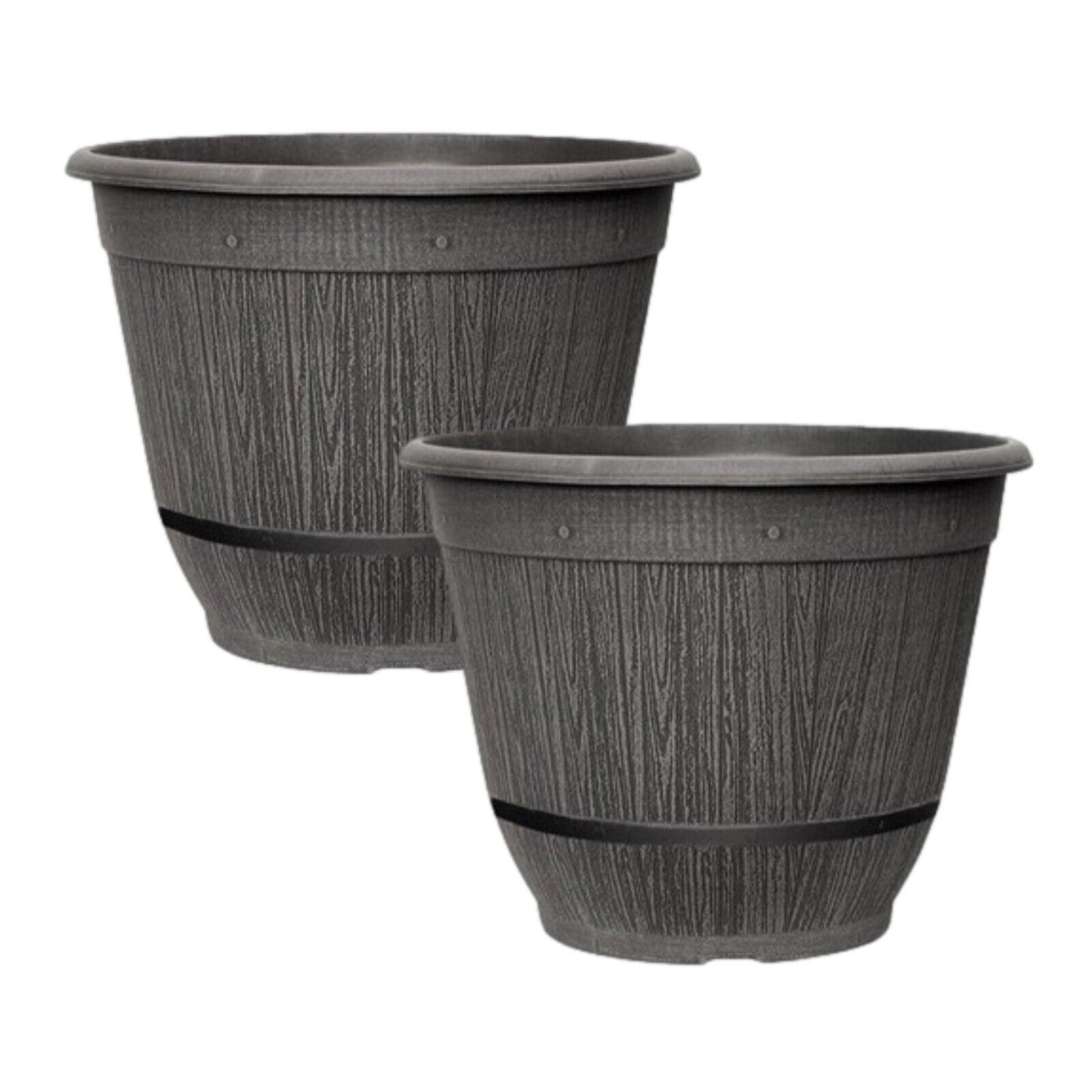 2Pc Round Grey Plastic Cask Planter Bell with Band 35cm Garden 17L Plant Pot