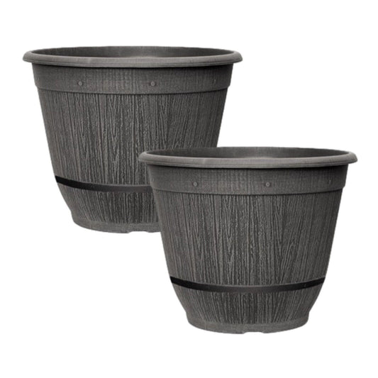 2Pc Round Grey Plastic Cask Planter Bell with Band 35cm Garden 17L Plant Pot