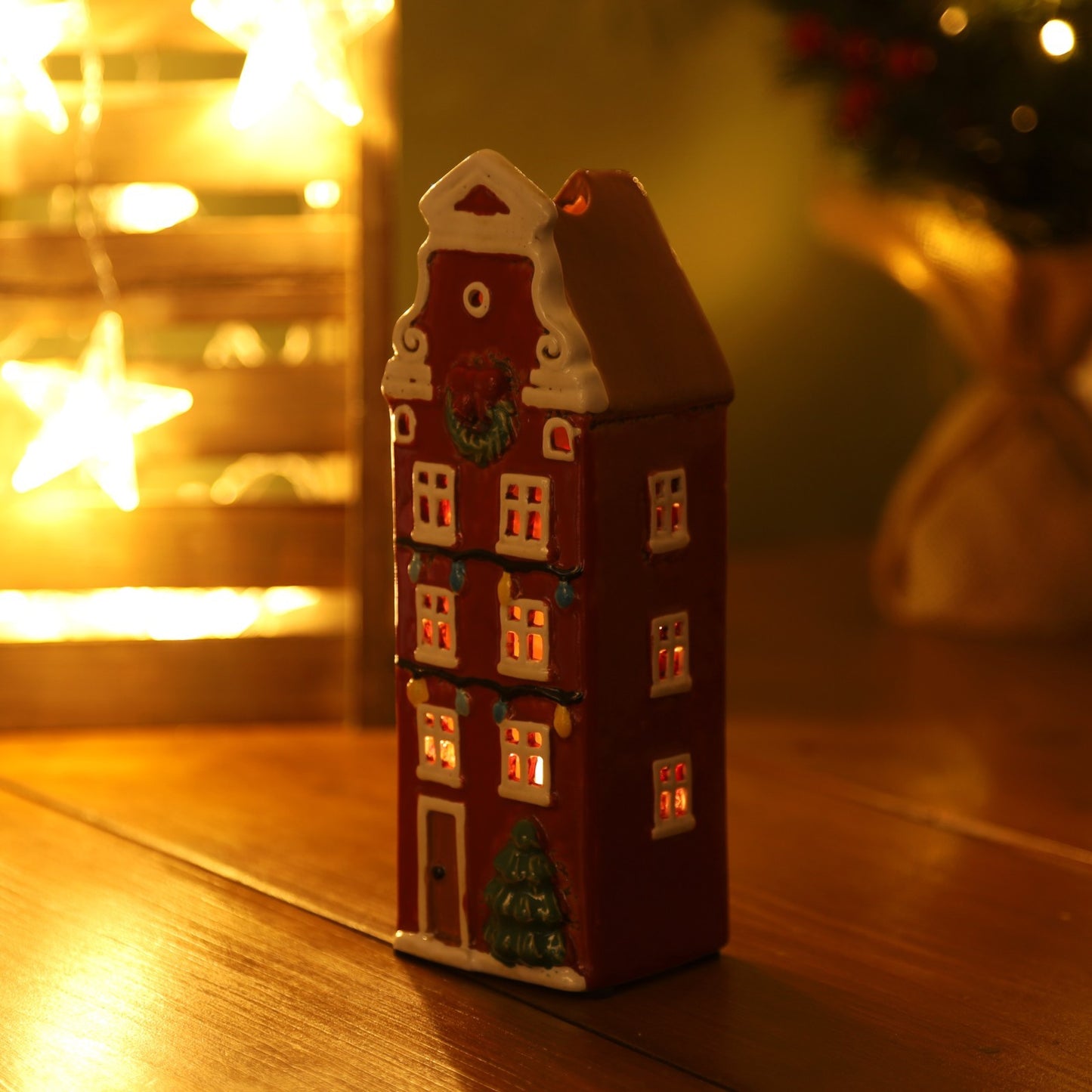 Ceramic Christmas Tealight Holder Cottage Village Scene Townhouse Xmas Ornament