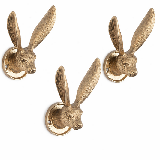 3Pc Metal Gold Hare Hook Vintage Rabbit Figurine Leads Coat Bunny Wall Hanger