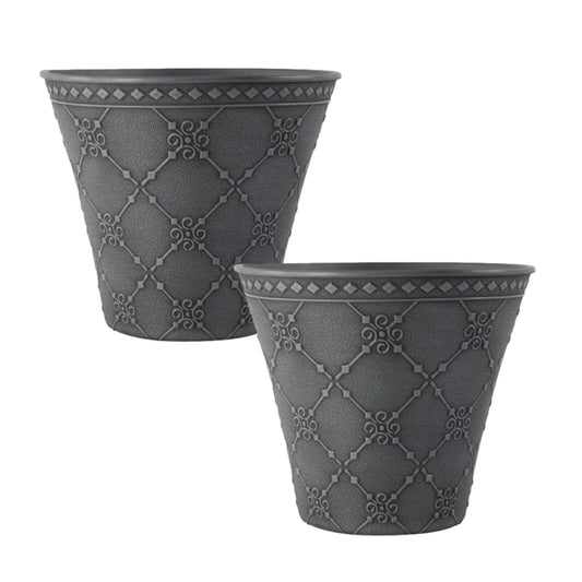 2Pc Round Plastic Grey Plant Pot 23cm Outdoor 4.6L Planter Flower Garden Pot