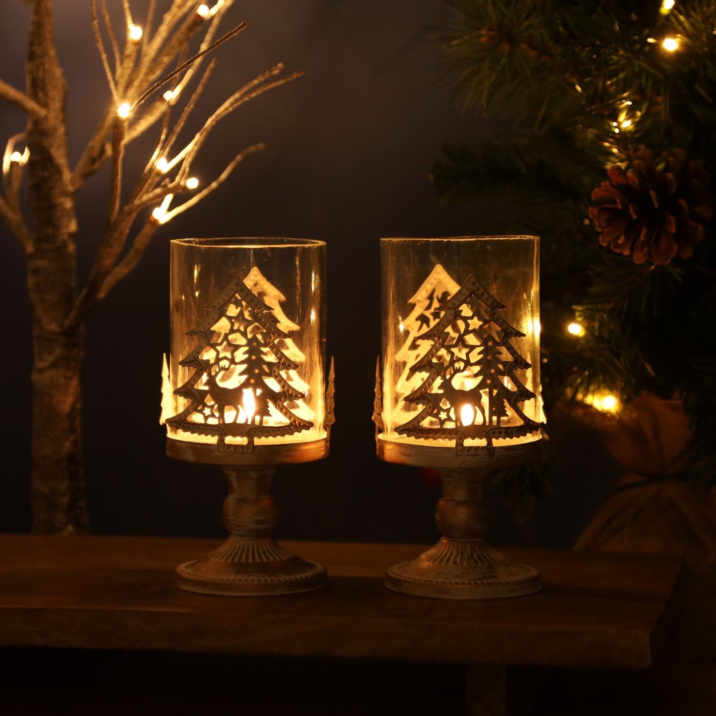 2Pc Gold Glass Candle Holders Metal Tree Reindeer Christmas Tealight Festive