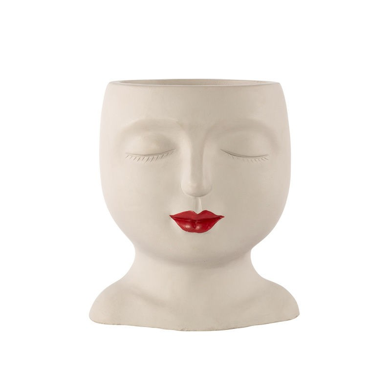 Cement White Plant Pot Face Shape Red Lips Indoor 17cm Planter Holder Home Decor