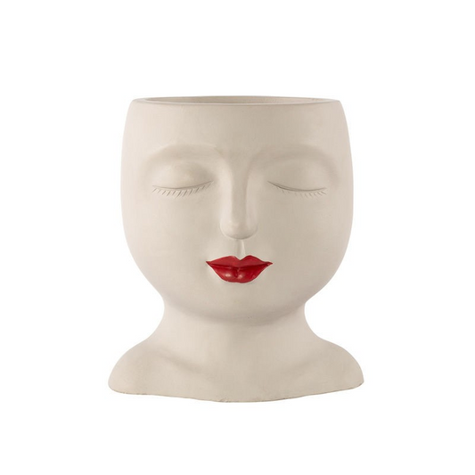 Cement White Plant Pot Face Shape Red Lips Indoor 17cm Planter Holder Home Decor